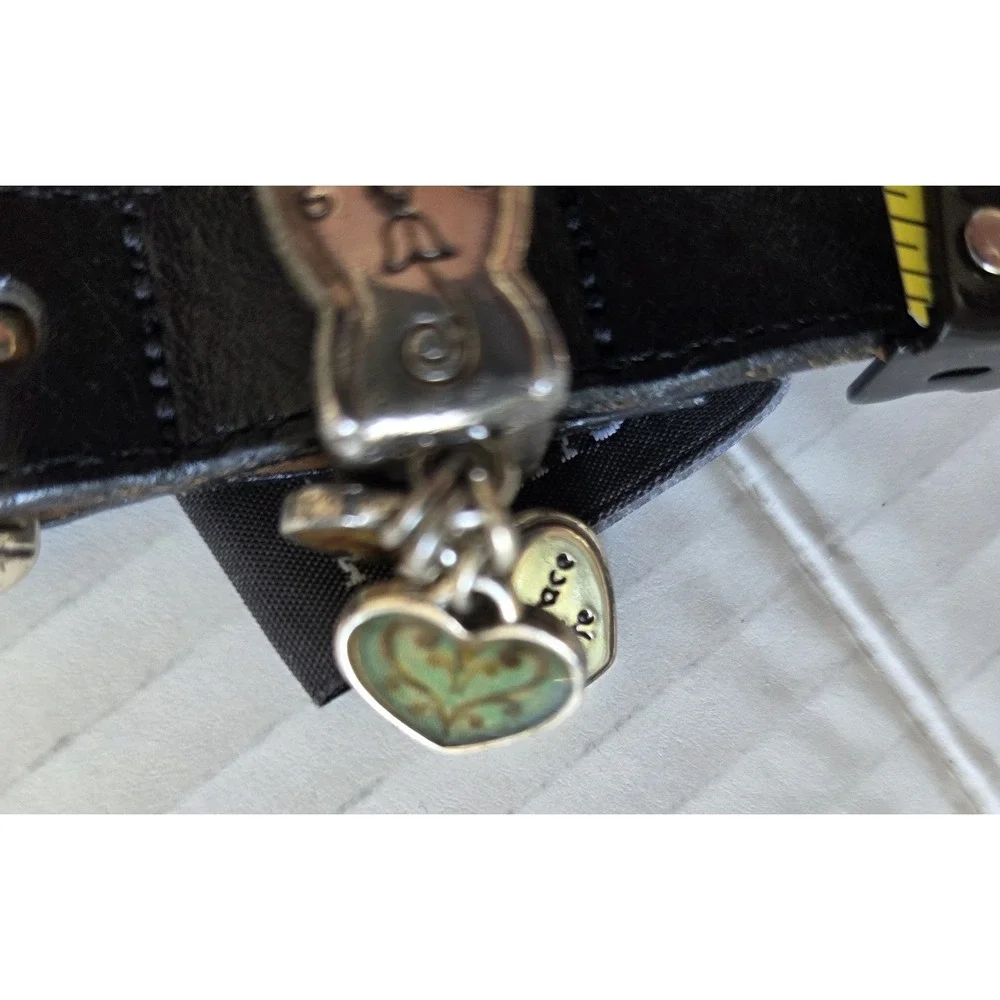 Vtg Brighton Skinny Belt B30283 Black Silver Buckle 3 Small Heart Charms Lg 34